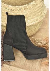 Resim Fox Shoes Siyah Süet Platform Topuklu Triko Kadın Bot L282190602 
