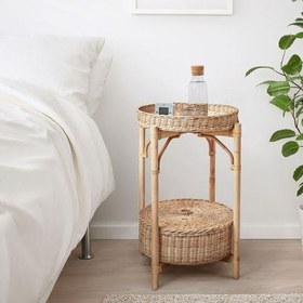 Resim IKEA 2 Katlı Rattan Komodin-Sehpa MeridyenDukkan 52 cm Doğal El Örmesi Çıkarılabilir Tepsi 
