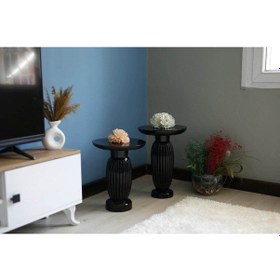 Resim Siyah 2 'li Çizgili Vazo Yan Sehpa Siyah 
