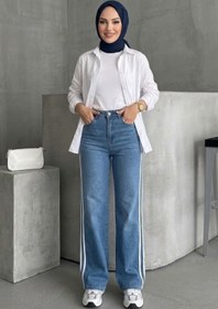 Resim Tesettür Diyarı Kadın Şeritli Baggy Kot Pantolon- Mavi Beyaz 