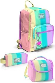 Resim Coral High Renkli Çizgili Desenli 3'lü Okul Çanta Seti, SET01K75K 