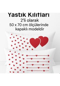 Resim Desenli Pamuklu Kalpli Desen Yastık Kılıfı 2 Adet 50 X 70 Cm Gümüş 
