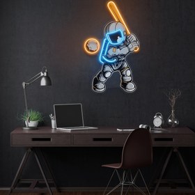 Resim Beyzbol Oynayan Astronot Baskılı - Neon Tabela - 65cm | 26in / MultiColor 
