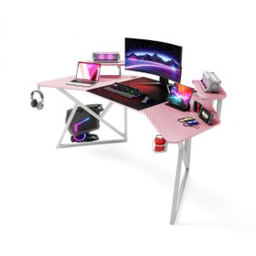 Resim Karr Gaming Vortex 25mm Kanatlı Oyuncu Masası | Pembe Karbon Fiber Kaplama | Raflı Oyuncu Masası 