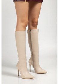 Resim Ls-226 Bej Cilt Fermuarlı Lastikli İnce Yüksek Topuklu Kadın Çizme 120cm Siyah 