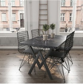 Resim Avvio 80x120 Serap Tel Kafes 4 Kişilik Siyah Mermer Görünümlü Mutfak Masası Yemek Masası Cafe Masası 