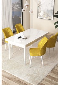 Resim Canisa Arp Serisi, Beyaz Masa 71x110 Sabit Mutfak Masa Takımı, 4 Hardal Sandalye Beyaz Masa Sandalye Hardal Sarısı 