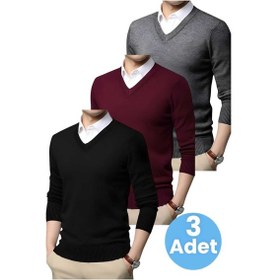 Resim Tezzgelsin 3'lü Erkek V Yaka Uzun Kol Triko Tüylenmez Süveter Erkek Slim Fit Süveter Siyah - Bordo - Füme 