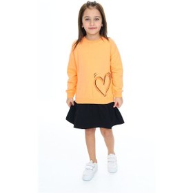 Resim Toontoy Kız Çocuk Eteği Kadife Kalp Baskılı Elbise Turuncu 