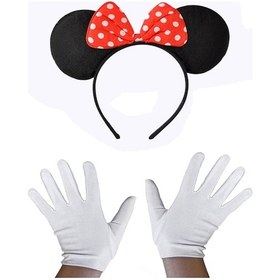 Resim Kırmızı Fiyonklu Minnie Mouse Tacı Ve Beyaz Csmtex - 57 Eldiven Seti 