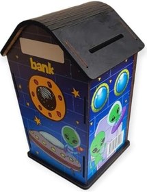 Resim Ahşap Ev Kumbara Uzay Temalı 