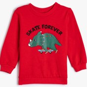 Resim Erkek Bebek Dinozorlu Sweatshirt Uzun Kollu Şardonlu Pamuklu Bisiklet Yaka 