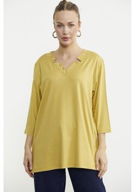 Resim Büyük Beden Truvakar Kol Yaka Detaylı Tişört - Hardal Hardal 