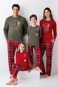 Resim Arnetta Erkek Çocuk Aile %100 Pamuk 4 Mevsim New Year Uzun Kollu Pijama Takım Yeşil 