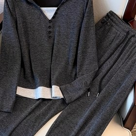 Resim Renk Bloklu Kadınlar İçin Günlük Takım: Yeni İlkbahar/Sonbahar Yüksek Bel Kapüşonlu Üst ve Vafli Pantolon İki Parça Set - Premium Tarz 