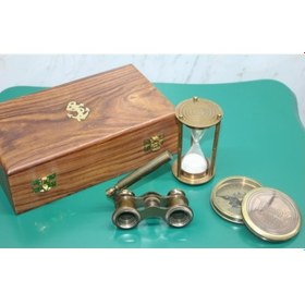 Resim Periboia Ahşap Kutulu Pirinç Pusula, Kum Saati, Dürbün Seti 