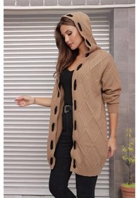 Resim Aqe Fashion Kapüşonlu Kabartma Desenli Şerit Garnili Camel Hırka CAMEL Camel 