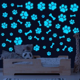 Resim Karanlıkta Parlayan Köpek Patisi & Kemik Duvar Stickerları - Yatak Odası, Oyun Odası veya Ev Dekoru için Çıkarılabilir Vinil Etiketler 