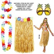 Resim neararsanbizden Hawaii Parti Kostüm Seti - 60 cm Hasır Etek, Çiçekli Aksesuarlar ve Ananas Gözlük 