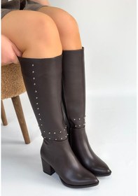 Resim Sivri Burun Yandan Fermuarlı Topuklu Diz Altı Çizme Kahverengi Topuk Boyu 7 Cm Kahverengi 