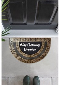 Resim Dış Kapı Önü Paspası Oval Gümüş Renk Kaymaz Taban Hoş Geldiniz Yazılı Altın 