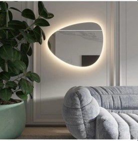 Resim 50x65 Cm Modern Organik Form Led Banyo Aynası Dokunmatik Dimmerli, 3000k Beyazışığı Sarı 