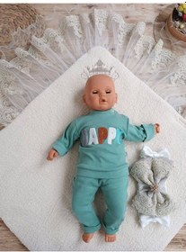 Resim Yenidoğan Kuzulu Taç Nakış Güpürlü Fiyonklu Duvaklı Prizma Taş Unisex Kundak Bebek Battaniyesi Ekru Ekru 