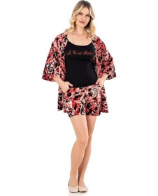 Resim Kadın Yazlık İp Askılı Şortlu Sabahlıklı 3lü Takım Modal Pamuk Homewear Dowry 15-17 Siyah 