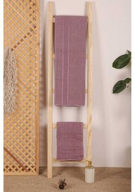 Resim 2 Parça Banyo Havlu Takımı %100 Pamuklu Çubuk Desen Mor Renkli 