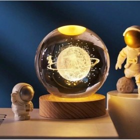 Resim 3d Kristal Cam Küre Ahşap Kaideli Gece Lambası - Satürn 