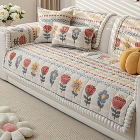 Resim 1 adet Rural Tarzı Renkli Küçük Çiçekler Shu Velveteen Koltuk Yastığı Koltuk Örtüleri Yumuşak Işık Bej Dostu Peluş Kenar Sıcak Oturma Odası Dekorasyonu Tüm Mevsimler İçin Anti Kayma Kedi Çizik Dirençli 1 ila 4 Kişilik Koltuklar İçin Uygun 