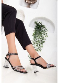 Resim Şeffaf Topuklu Bant Taşlı Siyah Kadın Abiye Ayakkabı-2001-Siyah 