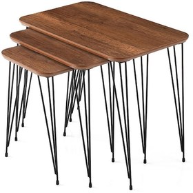 Resim Ahşap Mdf 3 Lü Zigon Sehpa Metal Ayaklı Dikdörtgen Barok Ceviz 