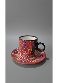 Resim 2'li El Yapımı Türk Kahvesi Fincan Seti, Seramik 4 Parça 2 Kişilik Kahve Fincan Takımı Kırmızı Kırmızı 