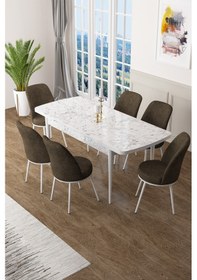 Resim Canisa Zen Serisi 80x132 Mdf Açılabilir Beyaz Mermer Desen Masa Takımı Ve 6 Kahverengi Sandalye Masa Beyaz Mermer Desenli Sandalyeler Kahvereng 