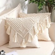 Resim 1 Adet Boho Çiftlik Evi Tassel Örgü Yastık Kılıfı - Beyaz Geometrik Desenli El Dokuma Pamuk Dekoratif Yastık Kılıfı, Fermuarlı, Kanepe ve Yatak İçin (İç Dolgu Yok), Rustik Ev Aksesuarı, İnce İşçilik, Dayanıklı Tekstil, İç Mimarlar için 
