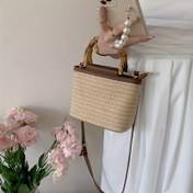 Resim Kadınların Yaz Modası Çanta, Şık Bambu Saplı Naylon Örme Omuz Çantası, Tatil için Çok Yönlü Küçük Tote 