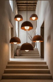 Resim Terracotta Color Handmade Ceramic Pendant Chandelier, Wabi Sabi Ceramic Lamp, - 12" / 30 Cm Diameter 