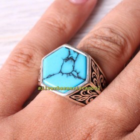 Resim Special Hexagon Turquoise Stone 925 Sterling Silver Mens Ring - US: 9.75 / 62 mm / Turk: 22 