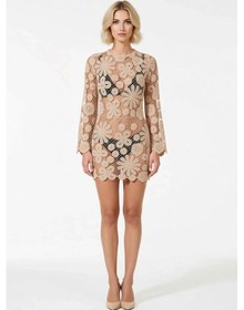 Resim Benerly Kadın Ajurlu Dokuma Bisiklet Yaka Kolsuz Bodycon Midi Plaj Elbise Ekru 