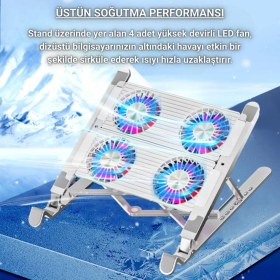 Resim Coofbe LED Işıklı Yükseklik Ayarlı Katlanabilir 4 Fanlı Notebook Laptop Soğutucu Turbo Fan Laptop Standı 