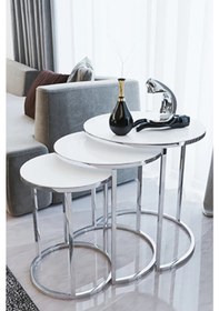 Resim 3' Lü Beyaz Temperli Cam Nikel Metal Sehpa 