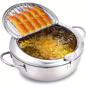 Resim 1 Adet, Termometreli Derin Kızartma Tenceresi (19.99cm), 304 Paslanmaz Çelik Japon Tarzı Tempura Kızartma Tenceresi Yağ Damlalık Rafı ile, Mutfak Aletleri, Mutfak Aksesuarları 