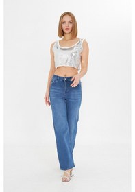 Resim Kutaf Mavi Yüksek Bel Kar Yıkama Likralı Geniş Paça Palazzo Jeans Mavi 