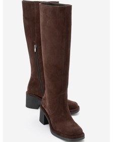 Resim Luvi Shoes Fros Kahverengi Süet Hakiki Deri Kadın Kalın Topuklu Çizme Kahverengi 