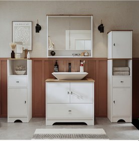 Resim Lavabolu 80 Cm Çekmeceli Banyo Dlp + Aynalı Dlp + 2 Adet Boy Dlp Beyaz - Atlantik Çam 