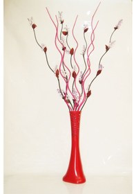 Resim 60 Cm Desenli Kırmızı Vazo 5 Adet Mor Üzüm 5 Adet Fuşya Dal 