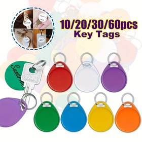 Resim 60/30/20/10 adet Renkli Plastik Anahtarlık Etiket Numaralı Bagaj Etiketi ID Etiketleri Adı Etiketler Bölünmüş Halka ile 