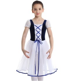 Resim Lacivert Çocuk Kız Profesyonel Bale Tutu Elbise Kadife Örgü Dantel Kısa Kabarcık Kollu Bale Dans Jimnastik Leotard Lacivert 