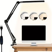 Resim LED Uzun Kollu Göz Koruma Masa Lambası, Amerikan Tarzı Eklemeli Kol Klipsli Işık, Ayarlanabilir Katlanır Masa Lambası ile USB, Okumak ve Çalışmak İçin Modern İş İstasyonu Görev Lambası, 3 Renk Sıcaklığı ve 10 Parlaklık Modu, Ofis, Çalışma Odası vb. için Uygun 